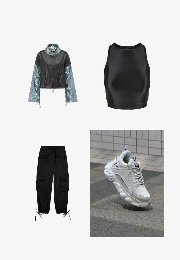 Afskåret jakke med sort, glat front og blanke blågrønne dyreprintærmer, med lynlåset høj hals og justerbart kant.; Sort ærmeløs crop top med rund halsudskæring og tætsiddende silhuet, lavet af glat, strækbart stof.; Sorte cargo-bukser lavet af blødt stof, med snor i taljen, to forlommer og to sidelommer med knapklapper. Justerbare manchetter.; Hvide sneakers med mesh- og lædermaterialer, rund tå, tyk sål, fremtrædende snørebånd og branding på hælen og tungen.