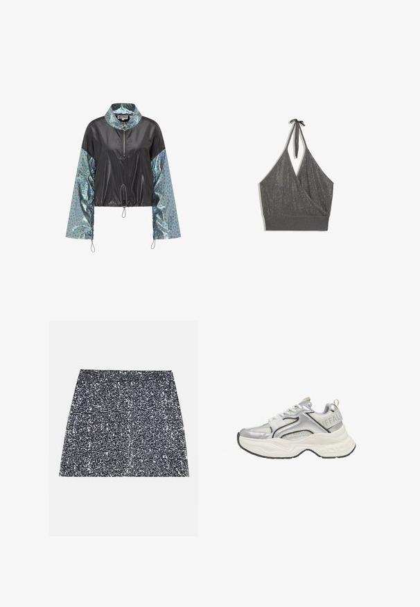 Geknipte jas met een zwarte, gladde voorkant en glanzende blauw-groene dierenprint mouwen, met een rits-kraag en een verstelbare zoom.; Grijze halterhals gebreide crop top met overslag voorzijde en brede geribde zoom op witte achtergrond.; Zilveren pailletten mini rok met een textuurpatroon en een rechte snit. De stof lijkt glanzend en reflecterend.; Zilveren en witte chunky sneaker met mesh- en leren details, dikke witte zool, en "BUFFALO" branding op de hielband.