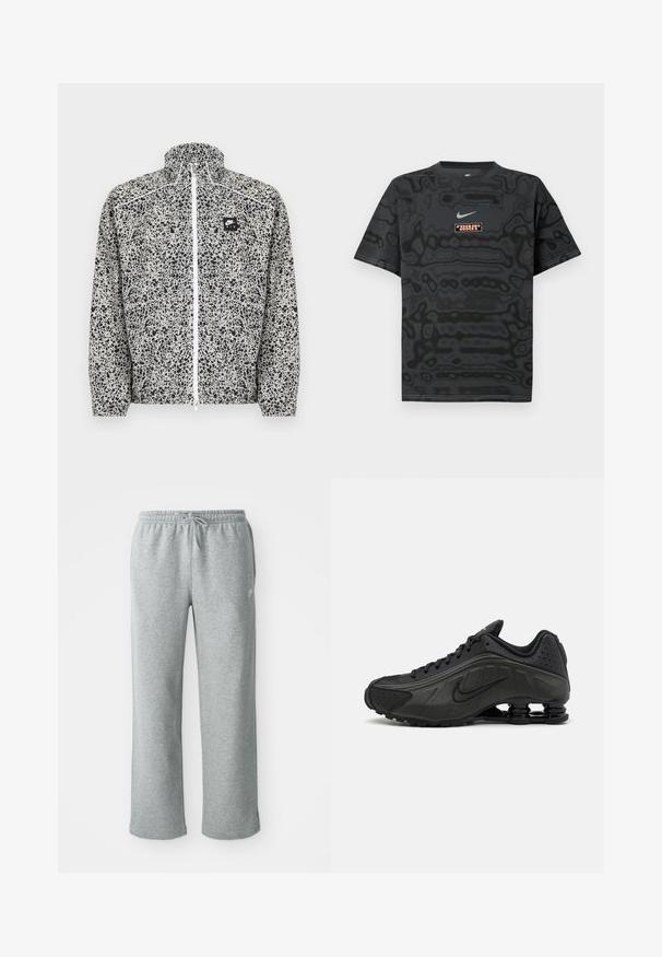 Lichtgewicht Nike-jas met een gespikkeld zwart-wit patroon, een hoge kraag, een volledige ritssluiting aan de voorkant en een klein logoplaatje op de borst.; Zwart T-shirt met een gestructureerd patroon, met een klein Nike-logo in lichtblauw en een rechthoekige logopatch in contrasterende kleuren.; Grijze katoenen sweatpants met een elastische tailleband, trekkoordsluiting en rechte pijpen. Bevat een klein logo op de bovenste linkerkant.; Zwarte hardloopschoenen met een glad bovenwerk van synthetisch materiaal, geperforeerde accenten, gestructureerde zijpanelen en een opvallende veerkrachtige zool.