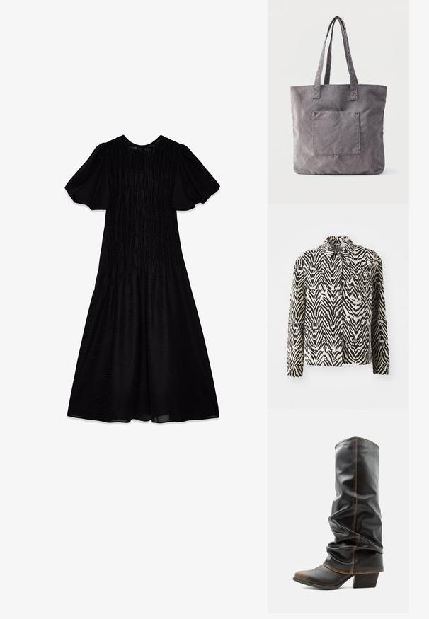 Chaqueta a rayas de cebra negra y crema con mangas largas, cuello y cierres de botones; cuenta con un bolsillo en el pecho y tejido texturizado.; Vestido midi negro con una tela texturizada, mangas abullonadas y un cuerpo fruncido que se despliega en una falda amplia. Escote suave.; Bota alta de cuero negro con estilo holgado, detalles en marrón, puntera puntiaguda y tacón apilado sobre un fondo blanco liso.; Bolso tote de pana gris con asas largas y un bolsillo frontal de parche, sobre un fondo blanco liso.