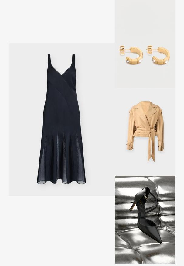 Veste courte beige clair avec de larges revers, manches longues avec sangles réglables aux poignets et ceinture en tissu assortie nouée à la taille.; Robe midi noire sans manches avec un col en V, une taille cintrée et des panneaux plissés transparents à l'ourlet pour un effet fluide.; Chaussure noire à talon haut et bout pointu avec des brides croisées et une boucle en or reposant sur une surface argentée brillante matelassée.; Petites boucles d'oreilles créoles en or composées de segments rectangulaires, chacun orné d'une pierre précieuse claire sur le devant, avec des fermoirs à tige.