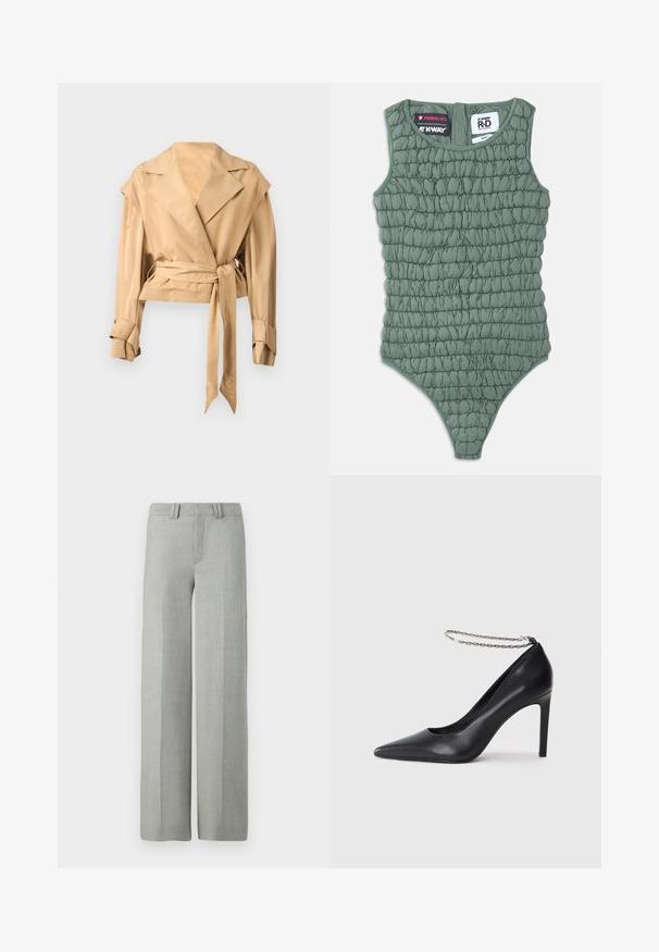Hellbeige, kurz geschnittene Jacke mit breiten Revers, langen Ärmeln mit verstellbaren Manschettenriemen und einem passenden Stoffgürtel, der in der Taille gebunden ist.; Grüner ärmelloser Body mit gesteppter Struktur, ausgestattet mit hohem Ausschnitt und tief ausgeschnittenem Rücken. Hergestellt aus leichtem, wasserabweisendem Material.; Graue, weit geschnittene Hosen aus leichtem Stoff, mit flachem Bund, Gürtelschlaufen und sauberen, maßgeschneiderten Linien ohne sichtbare Muster.; Schwarze Leder-Pumps mit hohen Absätzen und spitz zulaufender Zehenpartie, ausgestattet mit einem dünnen silbernen Kettenknöchelriemen und einer eleganten, glatten Textur.
