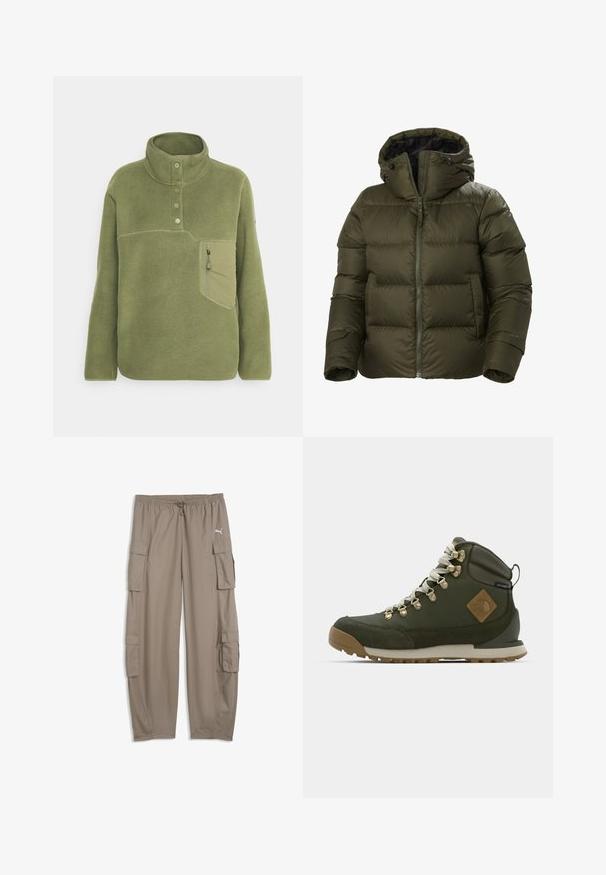 Chaqueta acolchada verde oscuro con cremallera frontal, capucha y puños elásticos. Presenta un diseño acolchado con grandes secciones horizontales y bolsillos laterales.; Sudadera de forro polar verde oliva con un cuello alto, tres botones y un bolsillo en el pecho con cremallera. Textura suave con detalles de costura en contraste.; Pantalones cargo de corte ancho de color marrón claro con cintura con cordón y bolsillos con solapa en cada pierna, con un pequeño logo blanco de Puma en el lado derecho.; Botas de senderismo verdes con parte superior de ante y sintético, ojales dorados y una suela de goma con un acabado texturizado para mayor tracción.