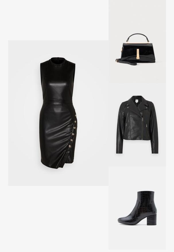 Zwarte leren cropped jack met een geribbelde kraag, asymmetrische ritssluiting aan de voorkant en zilverkleurige accenten. Voorzien van zijzakken en een gladde textuur.; Zwarte leren mouwloze jurk met een hoge halslijn, aansluitende silhouet, asymmetrische zoom en decoratieve knopen langs de zijnnaad.; Zwarte enkellaars gemaakt van glanzend krokodillenprintleer. Voorzien van een ronde neus en een dikke blokhak. Gladde textuur en slank ontwerp.; Glanzende zwarte handtas met bovenhandvat, gouden gesp en afneembare schouderriem op een effen lichte achtergrond.