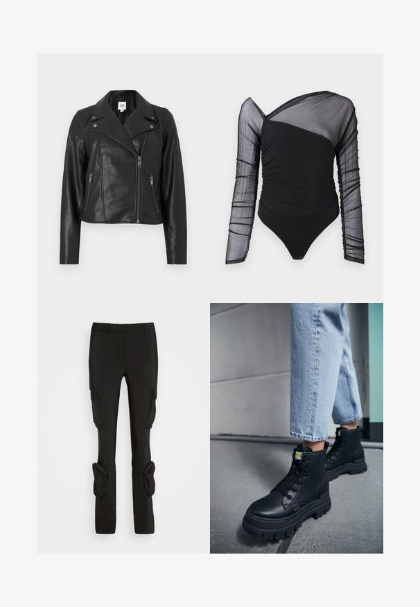 Schwarze Lederjacke in Cropped-Länge mit Reverskragen, asymmetrischem Frontreißverschluss und silbernen Beschlägen. Verfügt über Seitentaschen und eine glatte Textur.; Schwarzer Body mit langen, durchsichtigen Mesh-Ärmeln. Verfügt über eine geraffte Textur im Oberteil, einen asymmetrischen Ausschnitt und einen Tanga-Schnitt.; Weekday ILA CARGO TROUSER - Cargohose - black; Person, die hellblaue Jeans und schwarze klobige Schnürstiefel trägt und auf einem Betonboden nahe einer Wand steht.