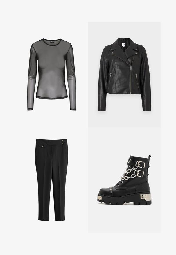 Zwarte leren cropped jack met een geribbelde kraag, asymmetrische ritssluiting aan de voorkant en zilverkleurige accenten. Voorzien van zijzakken en een gladde textuur.; Zwart langmouwig mesh-shirt met een ronde halslijn, gemaakt van doorschijnende stof en een aansluitende pasvorm. De randen zijn afgewerkt met zwarte stiksels.; Zwarte op maat gemaakte broek met een platte voorkant, zijzakken, een kleine knoopzak met klep en twee decoratieve gouden knopen op de tailleband.; Koi Footwear SHACKLED SHADOWS HEAVY DUTY CHAIN - Cowboy-/Bikerlaarsjes - black