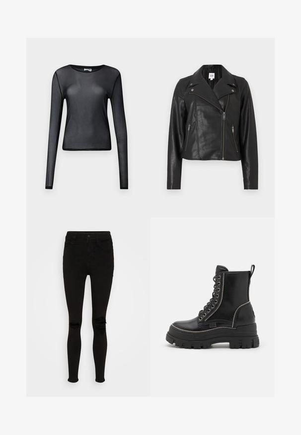 Veste courte en cuir noir avec un col à revers, une fermeture zippée asymétrique sur le devant et des éléments métalliques argentés. Comprend des poches latérales et une texture lisse.; Haut noir à manches longues en maille transparente avec col rond et silhouette ajustée, présenté sur un fond uni.; American Eagle SUPER HIGH RISE - Jegging - black wash; Bottes de cheville en cuir noir avec une semelle en caoutchouc épaisse, dotées d'un lacet à l'avant, d'une fermeture éclair sur le côté et d'accents en métal argenté.