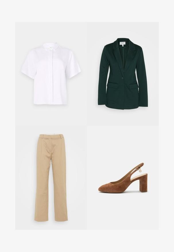 Blazer vert foncé en tissu doux, avec un col à cran, deux poches avant et une fermeture à un bouton. Texture lisse.; Chemise blanche à manches courtes en tissu lisse, dotée d'un col pointu et d'une patte de boutonnage avec un bouton d'accent vert.; Pantalons beige à jambes larges en tissu texturé, avec une taille mi-haute, des plis sur le devant et un design épuré.; Escarpin slingback en daim marron avec talon bloc et bride réglable à boucle présentant un petit charm doré avec le logo MK.