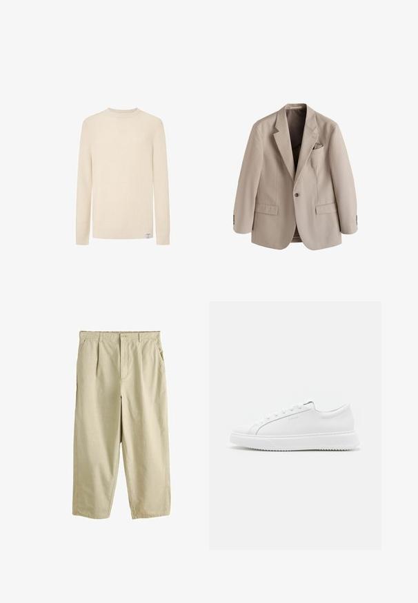 Beige herenenkelsluitingblazer met inkeping op de revers, voorflappenzakken en een borstzak met een bijpassend pochet.; Crèmekleurig gebreid sweater met een ronde hals, lange mouwen, geribde manchetten en onderrand. Beschikt over een klein merkje aan de zijkant.; Beige broek met rechte pijpen, knoopsluiting, voorplooien en zijzakken, afgebeeld op een witte achtergrond.; Witte sneakers van glad synthetisch materiaal. Voorzien van een low-top ontwerp, verhoogde witte zool, ronde neus en vetersluiting met vijf oogjes.