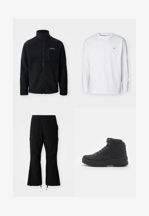 Sort fleecejakke med høj hals, fuld frontlynlås og lynlås-lomme på brystet. Tekstureret, blødt stof med minimale sømme.; Hvid langærmet t-shirt lavet af bomuld. Har et lille gyldent logo på brystet og en rund halsudskæring. Enkel design og standard pasform.; Sorte cargo-bukser med elastisk talje, som har sidelommer og brede ben med lynlåse ved ankelmanchetterne, præsenteret mod en hvid baggrund.; Sorte ankelstøvler i ruskind. Har metaløjer, snørebånd og en struktureret gummisål med forstærket hæl.
