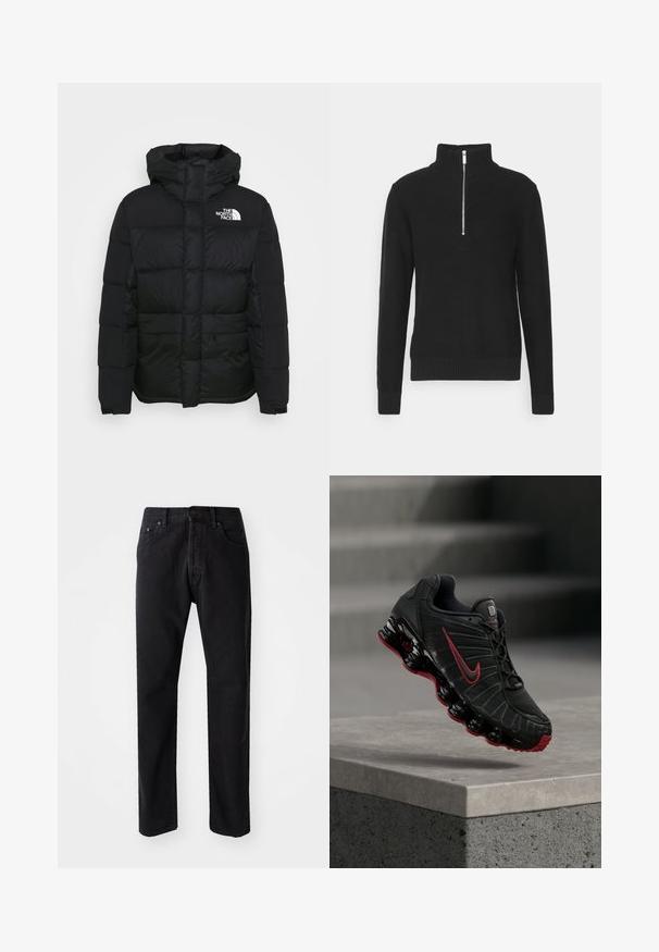 Sort puffjakke med hætte, med et quiltet design og et logo på venstre bryst. Lavet af nylon med en glat tekstur.; Sort strikket pullover med høj krave, lynlås lukning, ribbede mansjetter og søm, med en glat tekstur og en tætsiddende silhuet.; Sorte denim jeans med lige snit, fem lommer og knaplukning. Har synlige sømme og en blød, struktureret stof.; Sort og rød Nike atletiksko med synlig fjederlignende sål balancerende på kanten af et betontrin.