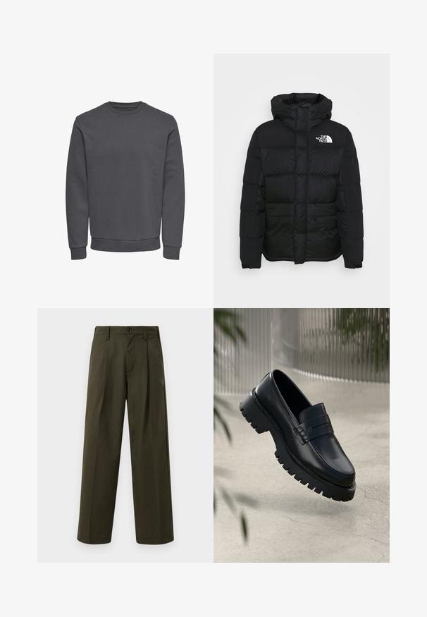 Schwarze Puffjacke mit Kapuze, mit einem gesteppten Design und einem Logo auf der linken Brust. Hergestellt aus Nylon mit glatter Textur.; Grauer Pullover aus weichem Stoff mit Rundhalsausschnitt, langen Ärmeln sowie gerippten Bündchen und Saum für eine enge Passform. Keine Muster oder Logos.; Olivgrüne weit geschnittene Hosen aus Baumwolle mit glatter Textur, ausgestattet mit einer Fronttasche, Gürtelschlaufen und einem einzigen Knopfverschluss.; Schwarze Lederloafer mit einer robusten profilierten Sohle, ausgestattet mit einem dekorativen Riemen und einer Stichdetail. Glatte Textur mit einem polierten Finish.