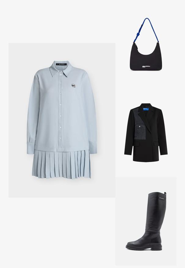 Blazer negro con un parche de denim gris oscuro que presenta un bolsillo de solapa en el lado izquierdo del pecho, reverso con muesca y dos bolsillos de solapa en la parte delantera.; Vestido camisa azul claro de manga larga con cuello, botones en la parte delantera, pequeño parche bordado en blanco y negro en el pecho y dobladillo de falda plisado.; Bota negra alta de cuero con tacón bajo cuadrado, suela de gran relieve y una pequeña etiqueta rectangular cerca de la parte superior que muestra el nombre de la marca.; Bolso de hombro de nylon negro con forma curva, correa de cuerda azul y detalles del logo plateado en la parte frontal. Cierre de cremallera en la parte superior.