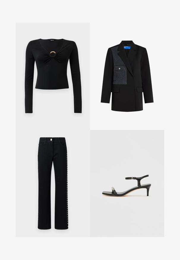 Sort blazer med en mørkegrå denimlappe, der har en klaplomme på venstre bryst, notch lapel og to frontklaplommer.; Sort langærmet bluse med V-hals, der har samlet stof ved brystet og en rund metallisk detalje i midten. Blødt, strækbart materiale.; Sorte denim jeans med lige ben-design, prydet med sølv nitter langs ydersiden og en standard talje med knappelukning.; Sort læder sandal med hæl og ankelrem, åben tå, firkantet front og sølvfarvede metalaccenter. Figurformet design med en slank profil.