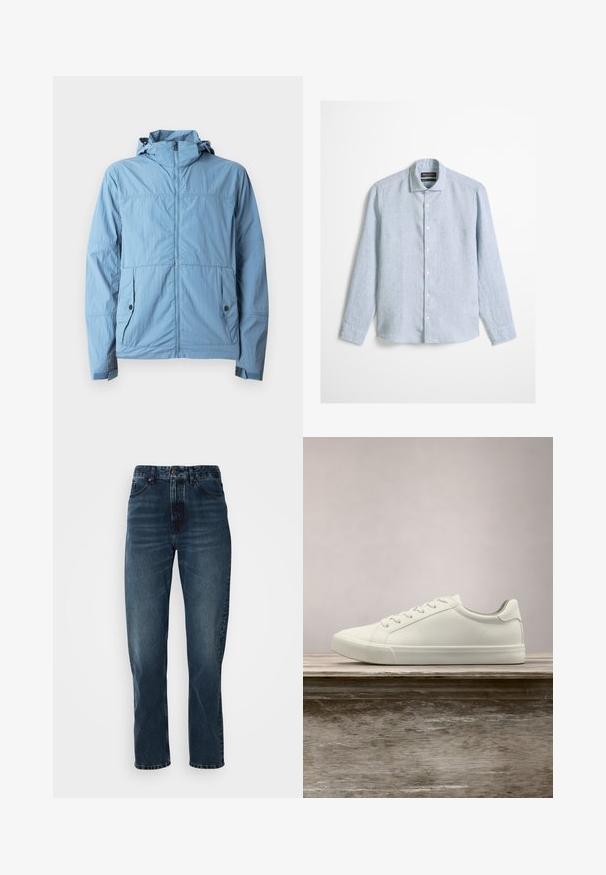 Chaqueta azul claro hecha de tela ligera, con cremallera frontal, capucha y dos bolsillos laterales con cierres de botón.; Camisa de manga larga azul claro con botones al frente y cuello clásico, confeccionada en tela texturizada, exhibida sobre un fondo liso.; Jeans de pierna recta azul oscuro con cierre frontal de botón y cremallera, diseño de cinco bolsillos y un ligero desgaste en los muslos y las rodillas.; Zapatilla blanca con cordones flotando sobre un banco de madera con follaje verde al fondo, mostrando el diseño y la textura del zapato.