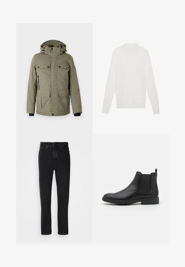 TOM TAILOR FIELDJACKET - Vinterfrakke - smokey olive green; Hvid pullover sweater med høj halsudskæring, lange ærmer og ribbede manchetter og kant. Fremstillet af et blødt strikket stof. Simpelt og tætsiddende design.; Sorte denim jeans med lige ben-design, med knap- og lynlåslukning, forlommer og subtile teksturer.; Sort læder Chelsea-boot med elastiske sidepaneler og en løftestrop, der har en rund tå og en tekstureret gummisål.