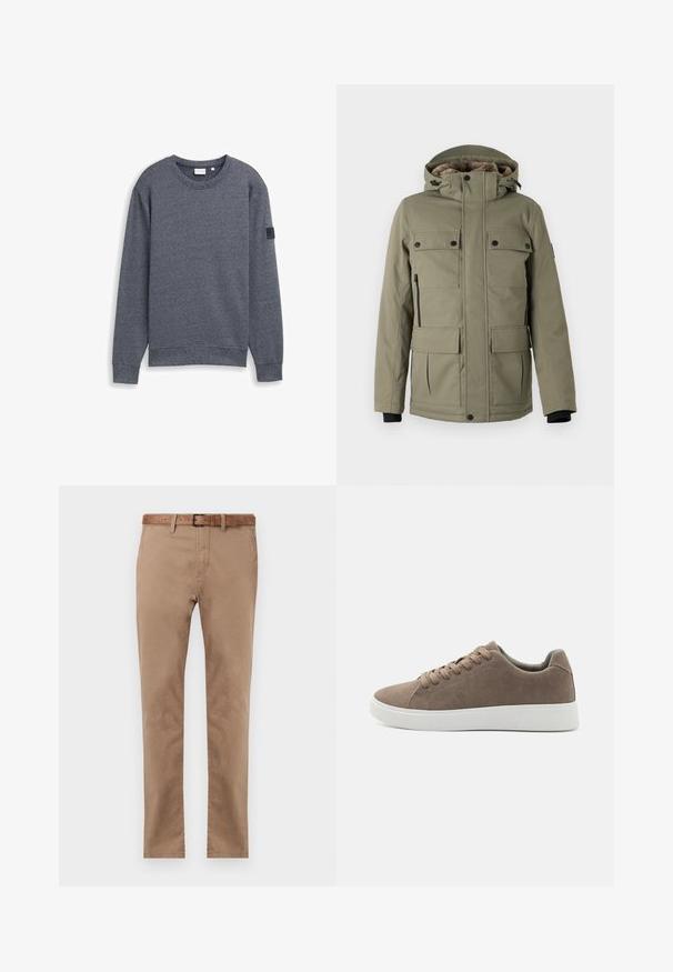 TOM TAILOR FIELDJACKET - Vinterfrakke - smokey olive green; Grå langærmet sweatshirt lavet af tekstureret stof med rund hals og ribbede manchetter. Har et minimalistisk design uden udsmykninger.; Beige bomulds chinos med lige pasform, der har et brunt læderbælte, to forlommer og en glat tekstur.; Brune ruskinds sneakers med flade hvide gummisåler, snørelukning, rund tå og en glat overflade. Minimalistisk stil med diskrete syninger.