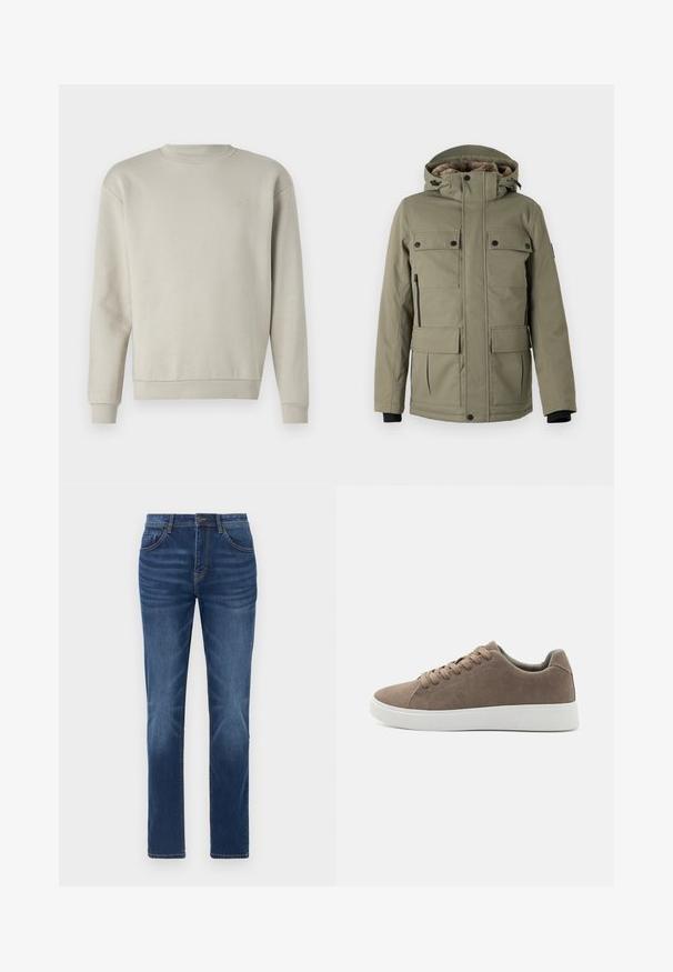 TOM TAILOR FIELDJACKET - Abrigo de invierno - smokey olive green; Sudadera gris claro con cuello redondo, mangas largas y textura suave. Presenta un pequeño logo bordado en el pecho.; Vaqueros de mezclilla azul oscuro con un corte recto clásico, diseño de cinco bolsillos y un ligero desgaste en las piernas. Presenta un cierre de botón y cremallera.; Zapatillas de ante marrón con suelas de goma blanca planas, diseño de cordones, punta redondeada y una textura suave. Estilo minimalista con sutiles detalles de costura.