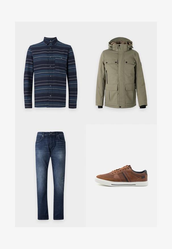 TOM TAILOR FIELDJACKET - Vinterfrakke - smokey olive green; Langærmet skjorte med knapper, der har en marineblå baggrund med varierende blå vandrette striber, en krave og en brystlomme. Blød tekstur.; Mørkeblå denimjeans med lige ben design, der har en falmet vask, fem lommer og synlige stikninger langs sømmene.; Brune lædersneakers med en glat overflade, hvid gummisål, sorte accenter og dekorativ syning med sidelæg.