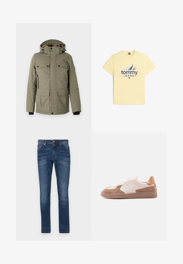 TOM TAILOR FIELDJACKET - Wintermantel - smokey olive green; Hellgelbes T-Shirt mit kurzen Ärmeln, versehen mit dem Schriftzug "tommy JEANS 1985" und blauen, hellblauen sowie roten Segelbootgrafiken auf der Vorderseite.; Dunkelblaue Jeans aus Denim mit geradem Bein, fünf Taschen, dezente Verwaschungen, kontrastierende Nähte und einem Knopfverschluss an der Taille.; Weißer und beige farbener Sneaker mit niedrigem Schaft, Wildleder-Akzenten, perforierten Seiten, weißen Schnürsenkeln und einer strukturierten Gummisohle, seitlich auf weißem Hintergrund dargestellt.
