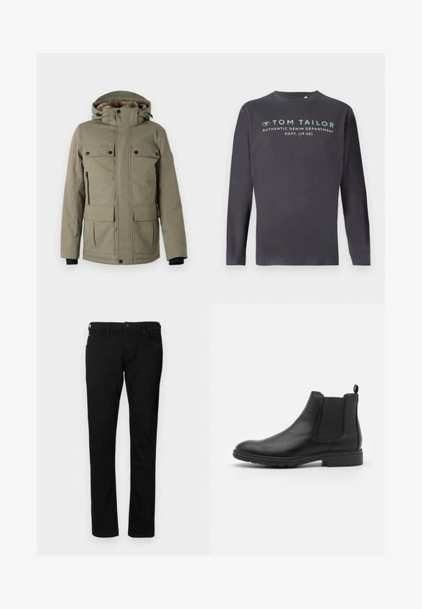 TOM TAILOR FIELDJACKET - Vinterfrakke - smokey olive green; TOM TAILOR PRINTED - Langærmet T-shirt - tarmac grey; Sorte denim jeans med en slim fit, der har forlommer, bæltestropper og en knaplukning. Glat tekstur med en ensfarvet overflade.; Sort læder Chelsea-boot med elastiske sidepaneler og en løftestrop, der har en rund tå og en tekstureret gummisål.