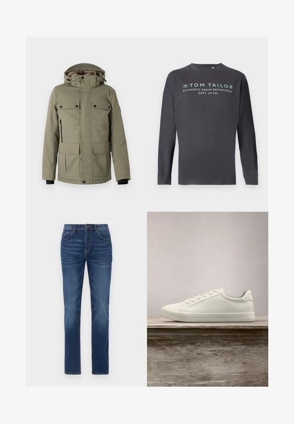 TOM TAILOR FIELDJACKET - Vinterfrakke - smokey olive green; TOM TAILOR PRINTED - Langærmet T-shirt - tarmac grey; Mørkeblå denimjeans med en klassisk lige pasform, fem-lomme design og let falmede detaljer på benene. Har knap- og lynlåslukning.; Hvide snørresneakers svævende over en træbænk med grønne planter i baggrunden, der fremhæver skodesign og tekstur.