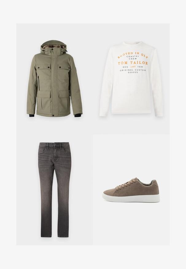 TOM TAILOR FIELDJACKET - Vinterfrakke - smokey olive green; Hvid langærmet skjorte med orange og sort tekst, der læser "Rooted in QLY Coastal Crew Tom Tailor Reg 1962 TRM Original Custom Goods" på forsiden.; TOM TAILOR JOSH - Jeans Straight Leg - used dark stone black denim; Brune ruskinds sneakers med flade hvide gummisåler, snørelukning, rund tå og en glat overflade. Minimalistisk stil med diskrete syninger.