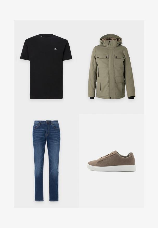 TOM TAILOR FIELDJACKET - Wintermantel - smokey olive green; Zwarte katoenen T-shirt met korte mouwen, ronde halslijn en een klein wit logo op de linkerkant van de borst. Glad textuur, eenvoudig ontwerp.; Donkerblauwe denim jeans met een klassieke rechte pasvorm, vijfzakkenontwerp en lichte vervaging details op de benen. Voorzien van een knoop- en ritssluiting.; Bruine suède sneakers met platte witte rubberen zolen, vetersluiting, ronde neus en een gladde textuur. Minimalistische stijl met subtiele stikdetails.
