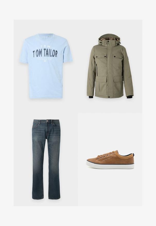 TOM TAILOR FIELDJACKET - Abrigo de invierno - smokey olive green; Camiseta de algodón azul claro con cuello redondo y mangas cortas. Tiene un texto impreso en negrita de color negro: "TOM TAILOR" y detalles adicionales de la marca.; Jeans de mezclilla azul oscuro con un diseño de pierna recta. Las características incluyen cinco bolsillos, costuras de contraste y un cierre frontal con botón y cremallera.; Zapatillas de cuero marrón con puntera redonda, suela blanca y detalles en azul marino. Presentan ojales de metal y un cuello texturizado.