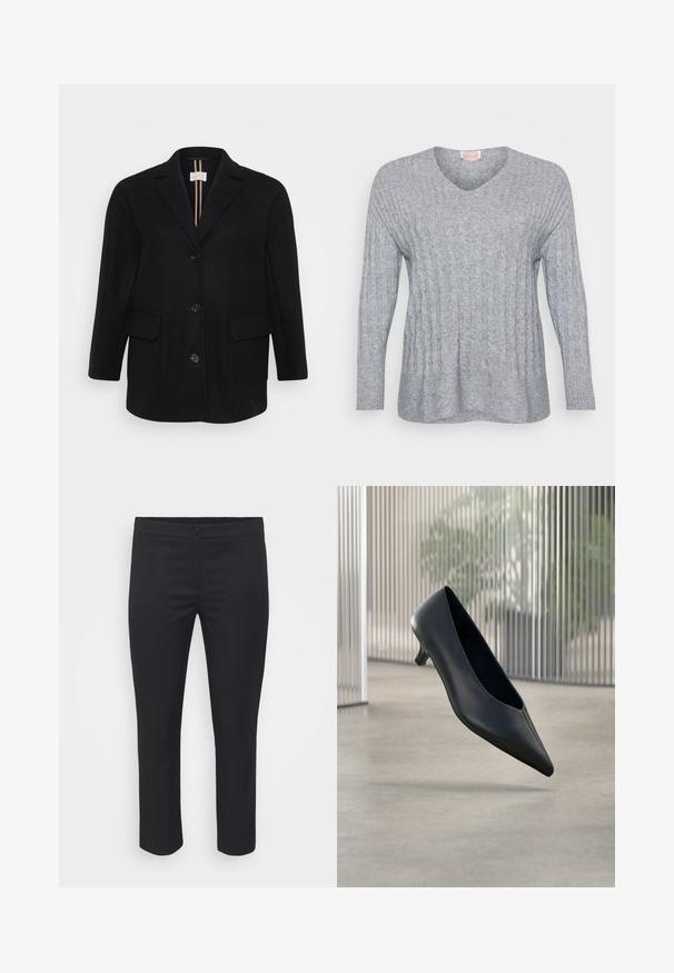 Sort uldblandet frakke med spidse klapper, frontlukning med knapper, to frontlommer og en glat tekstur. Lodrette striber på den indre foer.; Grå strikket sweater med V-hals, ribbede manchetter og et tekstureret design med lodrette linjer og en let løs pasform.; Sorte skræddersyede bukser med en glat tekstur, medium høj talje og cropped længde. Har en frontknaplukning og rene linjer.; Sort spids tå kitten heel sko, der svæver over en glat betongulv med lodrette gennemsigtige paneler i baggrunden.