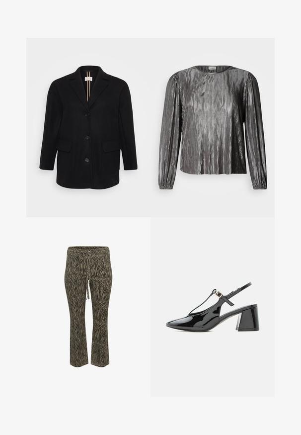 Zwarte wollen mix jas met een geknipt revers, frontknopen sluiting, twee voorzakken en een zachte textuur. Verticale strepen op de binnenvoering.; Zilverkleurige blouse met lange mouwen en een golvend, textuurpatroon, voorzien van een ronde halslijn en elastische manchetten. Glad, glanzend materiaal.; Elastische tailleband broek met trekkoord in khaki en beige zebra patroon. Middelhoge taille, uitlopende pijpen, zachte textuur. Geschikt voor casual wear.; Zwarte lakleren slingback met lage hak, spits toelopende neus en T-bandje met kleine gouden gesp.