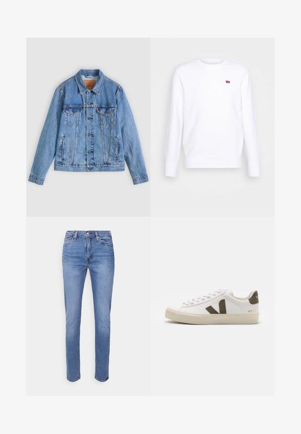Lyseblå denimjakke med spids krave, to brystlommer og knaplukning, med en let falmet tekstur og kontrastsyning.; Hvid sweatshirt lavet af bomuld. Har rund hals, lange ærmer og et lille rødt logo på brystet. Blød tekstur med ribbede manchetter.; Lysblå denim jeans med lige bendesign, fem lommer, frontlukning med knap og diskret falming langs lårene.; Hvide læder sneakers med en lys beige gummisål. Har en brun ruskinds V-logo og hælflap. Snørret lukning med en struktureret overflade.
