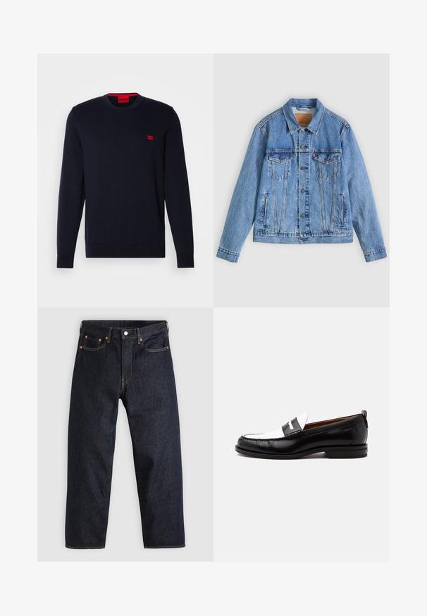 Veste en denim bleu clair avec un col pointu, deux poches poitrine et des fermetures à boutons, présentant une texture légèrement délavée et des coutures contrastées.; Pull en tricot bleu marine avec un col rond, des poignets et un ourlet côtelés, et un petit logo rouge sur la poitrine. Texture lisse, design décontracté.; Jean en denim bleu foncé avec une coupe droite, cinq poches, des coutures orange contrastantes et une fermeture à boutons. Pas de motifs ou d'ornements visibles.; Mocassin en cuir noir et blanc avec des détails cousus, un petit talon et un design slip-on, présenté de profil sur un fond uni.