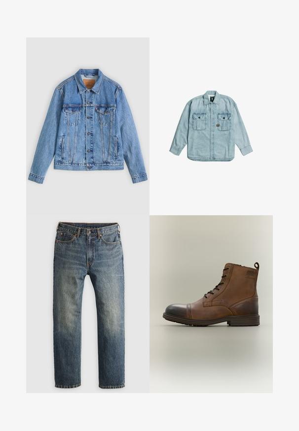 Hellblaue Jeansjacke mit spitzem Kragen, zwei Brusttaschen und Knopfverschluss, mit leicht ausgewaschener Textur und kontrastierenden Nähten.; Hellblaue Jeans-Hemd mit langen Ärmeln, Kragen, durchgehender Knopfreihe vorne und zwei mit Knöpfen verschließbaren Brusttaschen auf weißem Hintergrund.; Blaue, ausgebleichte gerade geschnittene Jeans aus Denim mit Fronttaschen, Gürtelschlaufen, Knopf und Reißverschluss auf einem hellen Hintergrund.; Brauner Leder-Schnürstiefel bis zum Knöchel mit schwarzer Zehenkappe, runder Sohle und Markenlabel an der Seite vor schlichtem Hintergrund.