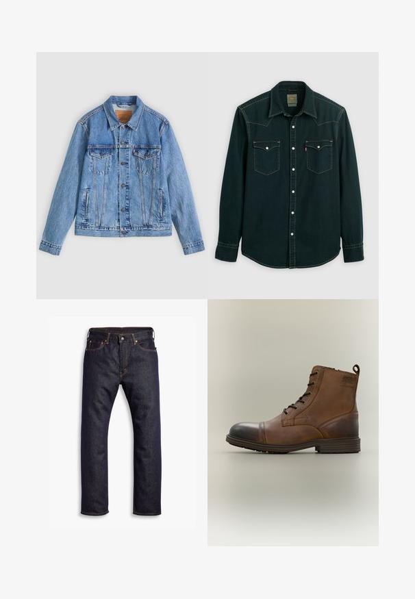 Hellblaue Jeansjacke mit spitzem Kragen, zwei Brusttaschen und Knopfverschluss, mit leicht ausgewaschener Textur und kontrastierenden Nähten.; Dunkelgrüne Button-up-Hemd aus Denim-Stoff, mit zwei Brusttaschen mit Druckknöpfen, kontrastierenden gelben Nähten und klassischem Kragen.; Dunkelblaue gerade geschnittene Jeans aus Denim mit fünf Taschen und orangefarbenen Kontrastnähten, flach auf einem weißen Hintergrund ausgelegt.; Brauner Leder-Schnürstiefel bis zum Knöchel mit schwarzer Zehenkappe, runder Sohle und Markenlabel an der Seite vor schlichtem Hintergrund.