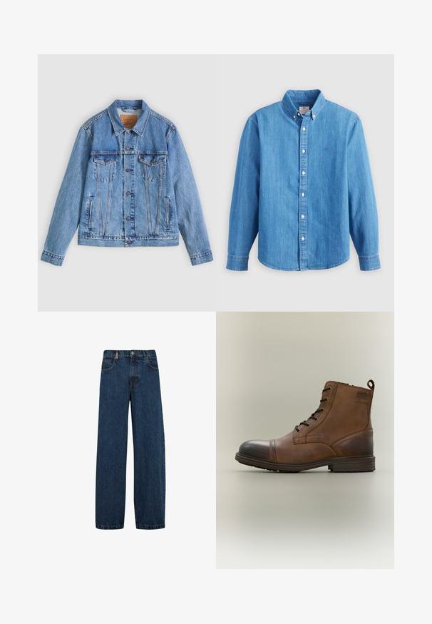 Chaqueta de mezclilla azul claro con cuello puntiagudo, dos bolsillos en el pecho y botones como cierre, con una textura ligeramente descolorida y costuras en contraste.; Camisa de mezclilla azul claro con mangas largas, cuello abotonado y botones blancos. Presenta un pequeño logo bordado en el pecho.; Vaqueros de mezclilla en azul oscuro, con un corte de pierna ancha, diseño de cinco bolsillos y un cierre clásico de botón con cremallera de metal.; Bota de cuero marrón con cordones hasta el tobillo, puntera negra, suela redonda y detalle de marca en el lateral sobre un fondo liso.