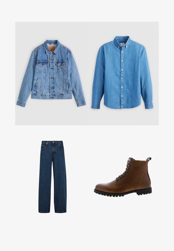 Chaqueta de mezclilla azul claro con cuello puntiagudo, dos bolsillos en el pecho y botones como cierre, con una textura ligeramente descolorida y costuras en contraste.; Camisa de mezclilla azul claro con mangas largas, cuello abotonado y botones blancos. Presenta un pequeño logo bordado en el pecho.; Vaqueros de mezclilla en azul oscuro, con un corte de pierna ancha, diseño de cinco bolsillos y un cierre clásico de botón con cremallera de metal.; Botas de cuero marrón hasta el tobillo con acabado texturizado, ojales de metal y suela de goma negra con protuberancias. Presenta una lengüeta en la parte posterior para facilitar su uso.