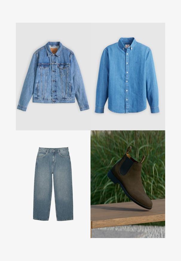 Lyseblå denimjakke med spids krave, to brystlommer og knaplukning, med en let falmet tekstur og kontrastsyning.; Lyseblå denimskjorte med lange ærmer, knap-ned krave og hvide knapper. Har et lille broderet logo på brystet.; Blå højtaljede lige jeans med forlommer, bæltestropper, knaplukning og subtilt slid på en hvid baggrund.; Brune ruskinds Chelsea-støvle med sorte elastiske sidepaneler og en lav hæl, der har trækflapper på bagsiden samt en glat sort sål.