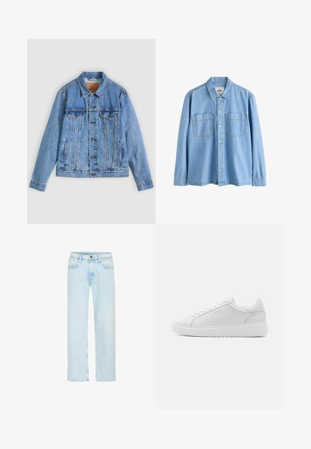 Chaqueta de mezclilla azul claro con cuello puntiagudo, dos bolsillos en el pecho y botones como cierre, con una textura ligeramente descolorida y costuras en contraste.; Camisa de mezclilla azul claro de manga larga con cierre de botones en la parte delantera y dos bolsillos en el pecho, mostrada sobre un fondo blanco.; Los jeans de denim azul claro cuentan con un diseño de pierna recta, con un cierre de botón clásico, cinco bolsillos y un ligero desgastado para aportar textura.; Zapatilla de cuero blanco con una textura suave, punta redonda, diseño de perfil bajo y un logo sutil en el lateral. Cuello acolchado y cordones.