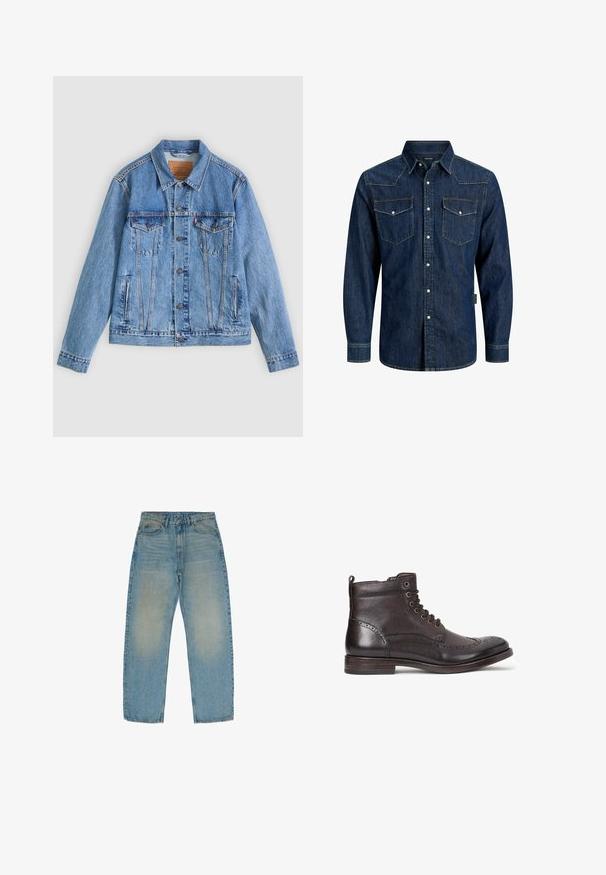 Hellblaue Jeansjacke mit spitzem Kragen, zwei Brusttaschen und Knopfverschluss, mit leicht ausgewaschener Textur und kontrastierenden Nähten.; Dunkelblaues Denim-Langarmhemd mit Knopfverschluss, zwei vorderen Brusttaschen mit Knöpfen und spitzem Kragen.; Hellblaue gerade geschnittene Jeans aus Denim, mit einer ausgewaschenen Struktur und mittlerem Waschgang, fünf Taschen und einem Reißverschluss.; Dunkelbraune Leder-Stiefelette mit Wingtipp-Design, runder Zehenpartie, subtilen Broguedetails, Metallösen und flachem Absatz. Mit Zuglasche.