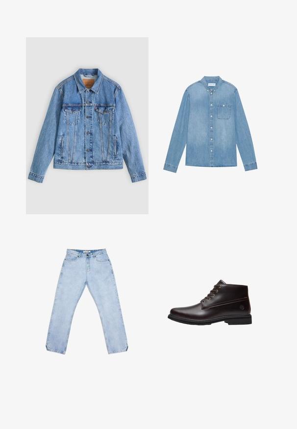 Chaqueta de mezclilla azul claro con cuello puntiagudo, dos bolsillos en el pecho y botones como cierre, con una textura ligeramente descolorida y costuras en contraste.; Camisa de mezclilla azul claro, con botones, mangas largas, collar puntiagudo, un bolsillo en el pecho y un ligero desgaste en la tela.; Vaqueros de mezclilla azul claro con un diseño de pierna recta, que cuentan con cinco bolsillos, cierre de botón y un sutil desgaste. Sin patrones ni logotipos visibles.; Botín de cuero marrón oscuro con cordones, suela negra y logo sutil de la marca en el lateral, mostrado de perfil sobre un fondo blanco.