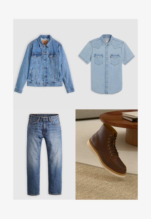 Lyseblå denimjakke med spids krave, to brystlommer og knaplukning, med en let falmet tekstur og kontrastsyning.; Lyseblå kortærmet denimskjorte med spidst skulderstykke, to brystlommer og perlemorsknapper med tryk. Blød tekstur og afslappet pasform.; Stumpe ben blå denim jeans med en knap- og lynlåslukning, fem lommer og orange syninger på en lys grå baggrund.; Brune læderankelstøvle med beige sål på et struktureret beige tæppe ved siden af et rundt træbord med stakke af bøger.