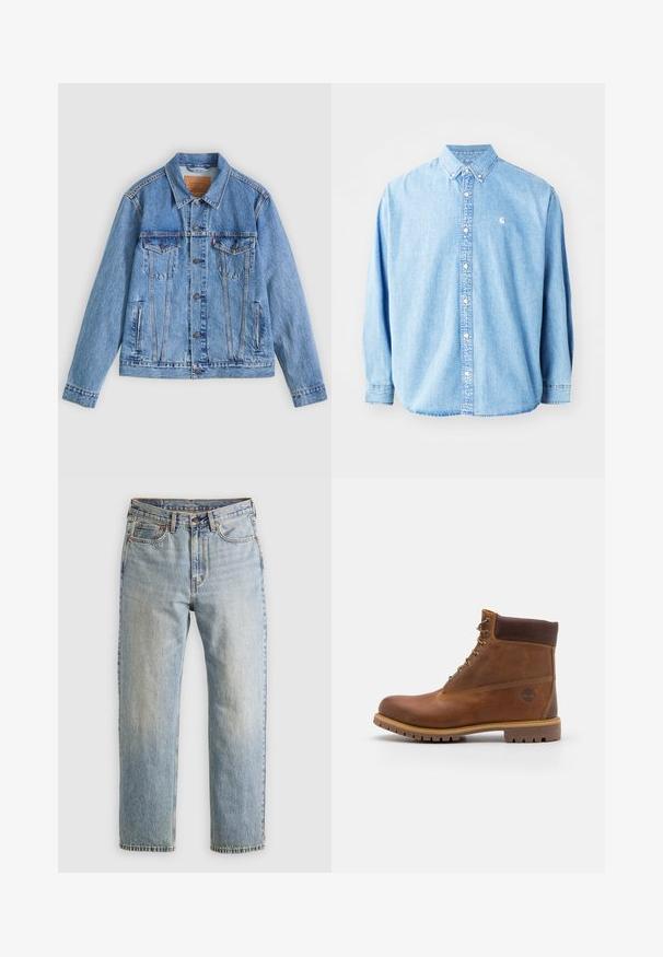 Lyseblå denimjakke med spids krave, to brystlommer og knaplukning, med en let falmet tekstur og kontrastsyning.; Lysel blå denim skjorte med knapper og lange ærmer, spids krave og et lille logo på venstre bryst. Har en afslappet pasform og klassisk design.; Lysblå denim jeans med høj talje, frontknap, lynlås og fem-lomme design, lagt fladt på en neutral baggrund.; Brun læder vandrestøvle med en glat finish, polstret ankel, metalliske snørehuller og en gummisål med et robust dækmønster.