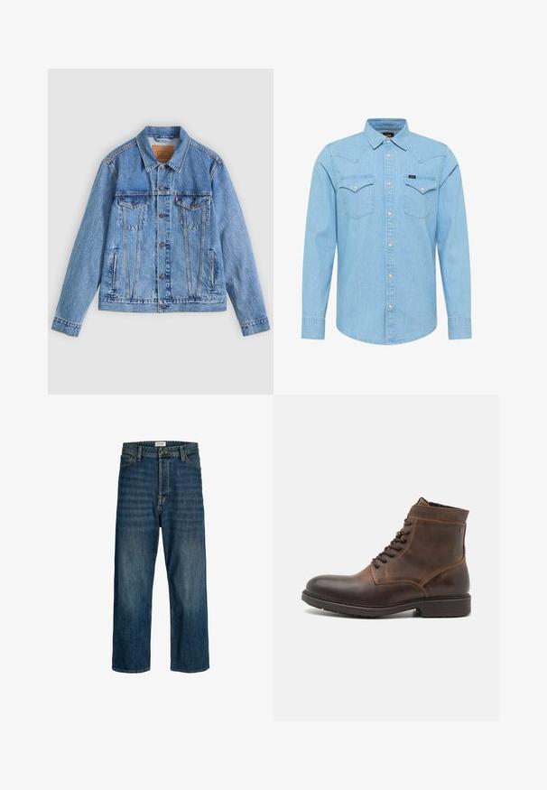 Lichtblauw spijkerjack met een puntige kraag, twee borstzakken en knoopsluitingen, met een licht verweerde textuur en contrasterende stiksels.; Lichtblauw denim overhemd met lange mouwen, knoopsluiting, twee achterzakken met knoop, puntige kraag en klein Lee-logo op de linkerzak.; Denimjeans in een donkerblauwe wassing met een rechte pijpuitvoering. Kenmerken zijn onder andere een knoopsluiting, riemlussen en stikselaccenten.; Jack & Jones JFWDELANEY BOOT - Veterboots - cognac