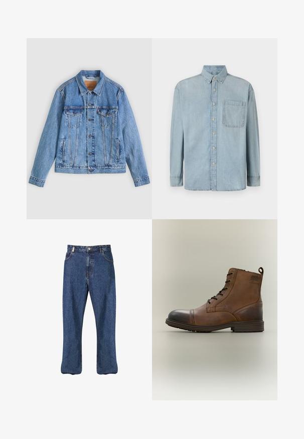 Chaqueta de mezclilla azul claro con cuello puntiagudo, dos bolsillos en el pecho y botones como cierre, con una textura ligeramente descolorida y costuras en contraste.; Camisa de mezclilla de color azul claro con mangas largas, cierre de botones en la parte delantera y un bolsillo en el pecho. Presenta un cuello clásico y puños estándar.; Vaqueros de mezclilla en azul oscuro, con un diseño de pierna recta, estilo clásico de cinco bolsillos y costuras visibles a lo largo de las costuras.; Bota de cuero marrón con cordones hasta el tobillo, puntera negra, suela redonda y detalle de marca en el lateral sobre un fondo liso.