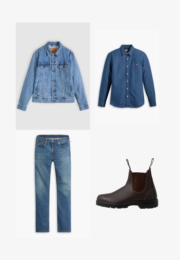 Hellblaue Jeansjacke mit spitzem Kragen, zwei Brusttaschen und Knopfverschluss, mit leicht ausgewaschener Textur und kontrastierenden Nähten.; Dunkelblaue Jeanshemd mit langen Ärmel, Kragen und Knopfverschluss. Mit einem kleinen roten Levi's-Logo auf der Brust. Glatte Textur.; Blaue gerade geschnittene Jeans mit Knopf- und Reißverschluss vorne, Fünf-Taschen-Design und dezenten Ausbleichungen an Oberschenkeln und Knien.; Brauner Chelsea-Stiefel aus Leder mit elastischem Seiteneinsatz, brauner Naht, Zuglaschen und einer strapazierfähigen Gummisohle mit strukturiertem Muster.