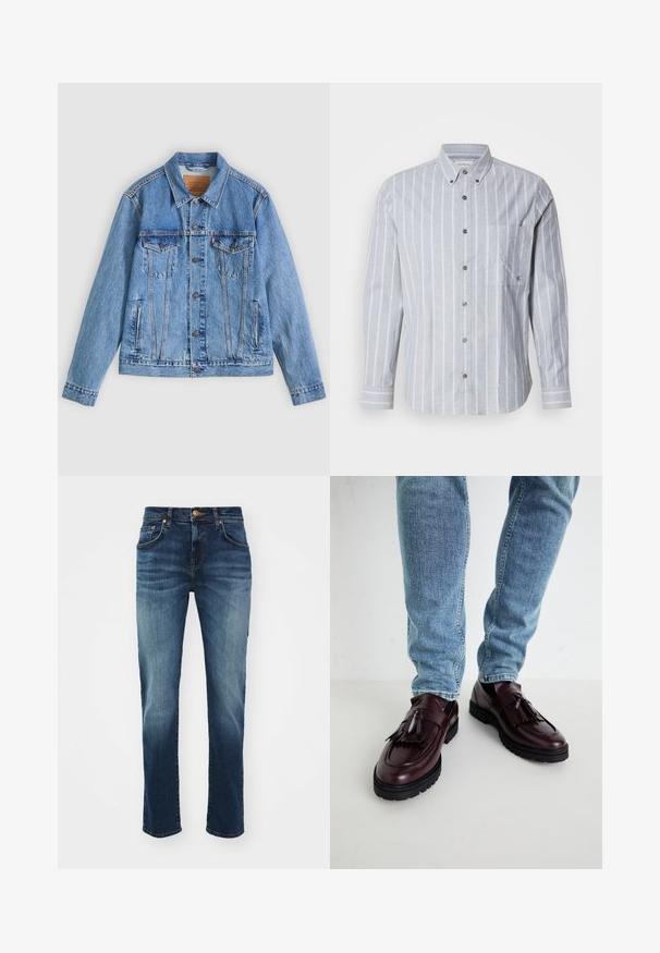 Lyseblå denimjakke med spids krave, to brystlommer og knaplukning, med en let falmet tekstur og kontrastsyning.; Lys blå stribet langærmet skjorte med knap-krave, forlommer og struktureret stof. Har kontrasterende hvide lodrette striber.; Mørkeblå denimjeans med let falmning, fem-lomme design, knaplukning, lige benpasform og forstærket kant.; Bordeaux læder loafers med kvaster og en tekstureret overdel, parret med lyseblå denimjeans. Sort gummisål synlig.