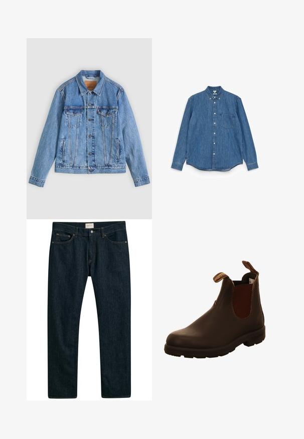 Lichtblauw spijkerjack met een puntige kraag, twee borstzakken en knoopsluitingen, met een licht verweerde textuur en contrasterende stiksels.; Blauwe denim overhemd met lange mouwen, een puntige kraag, witte knopen, één borstzak en een rechte zoom. Egaal textuur en gemiddeld gewicht.; Donkerblauwe denim jeans met een recht model, vijf zakken en contrasterende stiksels op de naden. Gladde stofstructuur.; Bruine leren enkellaars met elastische zijkanten, trekhaakjes en een gestructureerde rubberen zool. Gladde afwerking met contrasterende stikseldetails.