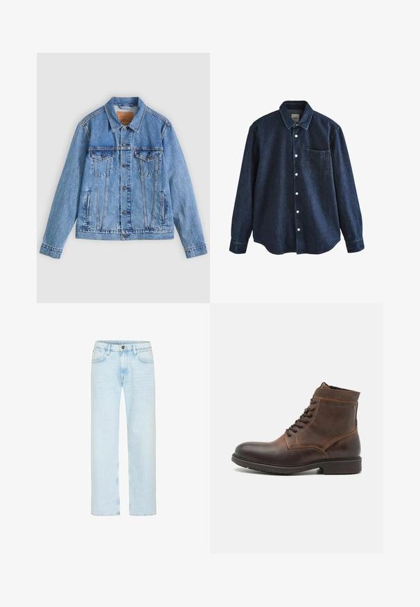 Chaqueta de mezclilla azul claro con cuello puntiagudo, dos bolsillos en el pecho y botones como cierre, con una textura ligeramente descolorida y costuras en contraste.; Camisa de mezclilla azul oscuro de manga larga con botones, cuello y un bolsillo en el pecho, mostrada sobre fondo blanco.; Los jeans de denim azul claro cuentan con un diseño de pierna recta, con un cierre de botón clásico, cinco bolsillos y un ligero desgastado para aportar textura.; Jack & Jones JFWDELANEY BOOT - Botines con cordones - cognac