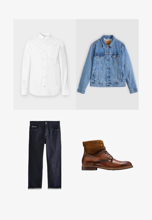 Lichtblauw spijkerjack met een puntige kraag, twee borstzakken en knoopsluitingen, met een licht verweerde textuur en contrasterende stiksels.; Witte blouse met lange mouwen van katoen. Voorzien van een button-down kraag, voorzak en subtiele textuur. Rechte zoom met knoopsluitingen.; Donkerblauwe spijkerbroek met een klassieke rechte pasvorm, voorzien van vijf zakken, een knoopsluiting en opgerolde boorden met een lichtblauwe voering.; Kazar ALID - Veterboots - brown
